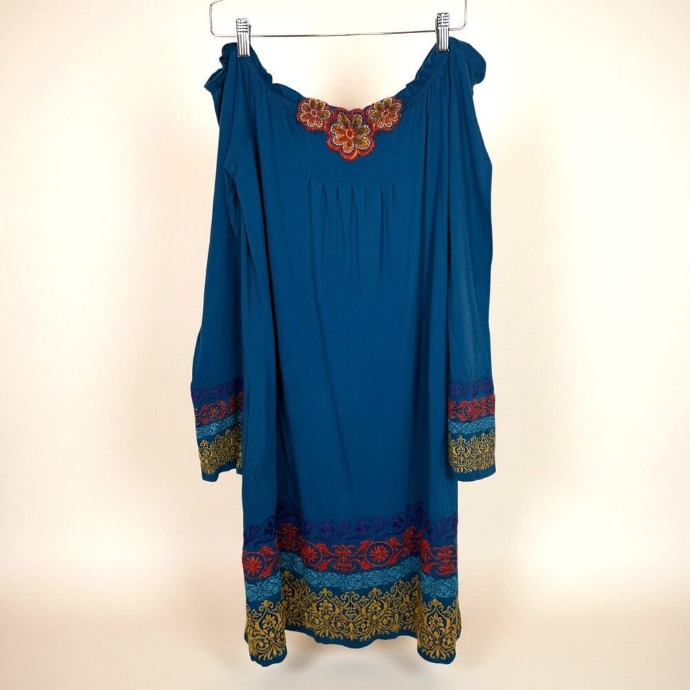 Johnny Was LA Blue Boho Off The Shoulder Dress Small Flowers and Embroidery